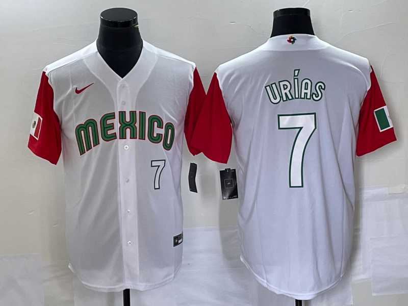 Mens Mexico Baseball #7 Julio Urias Number 2023 White Red World Classic Stitched Jersey 36